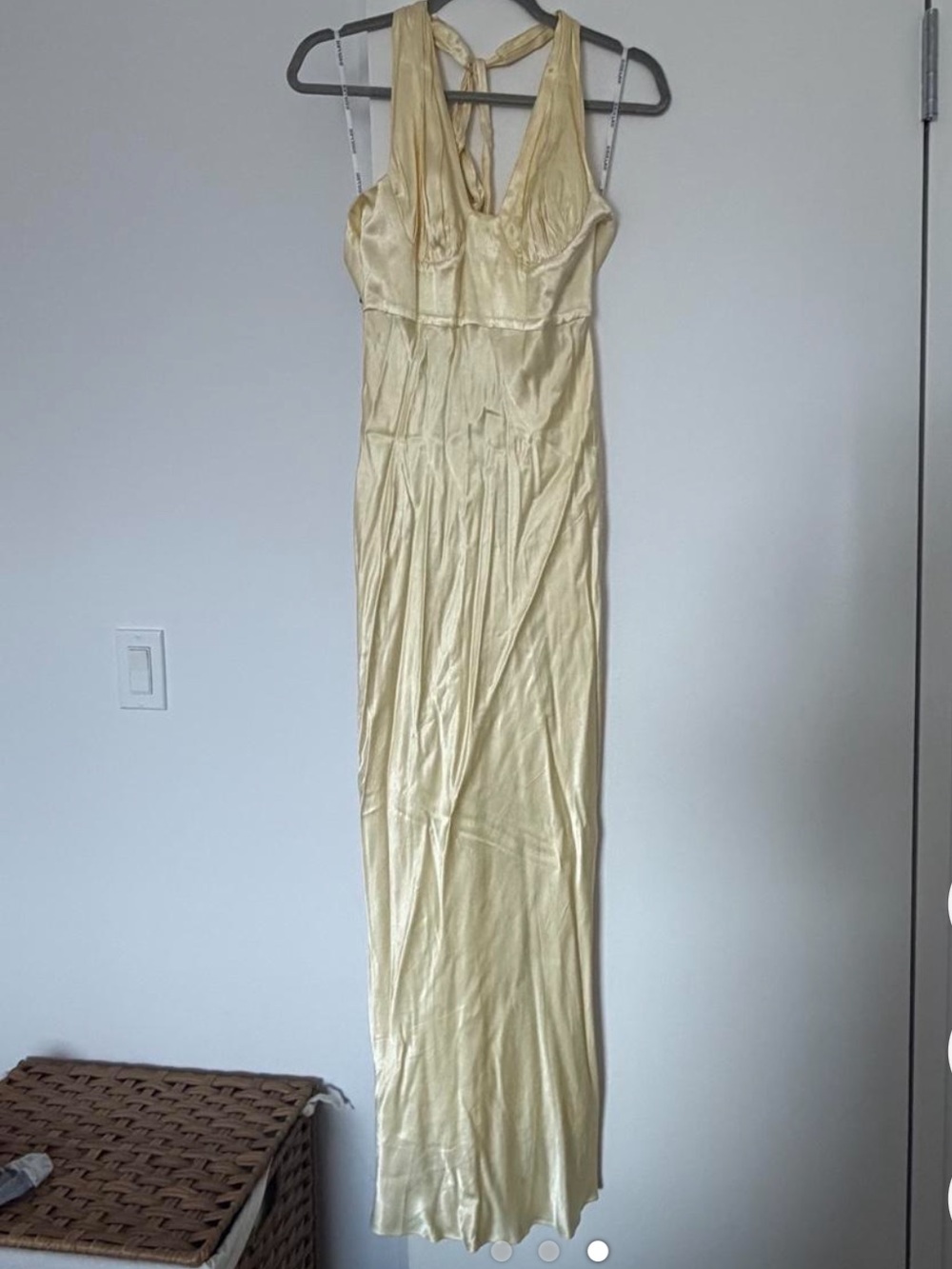 Shona Joy Pale Yellow Satin Halter Maxi Dress